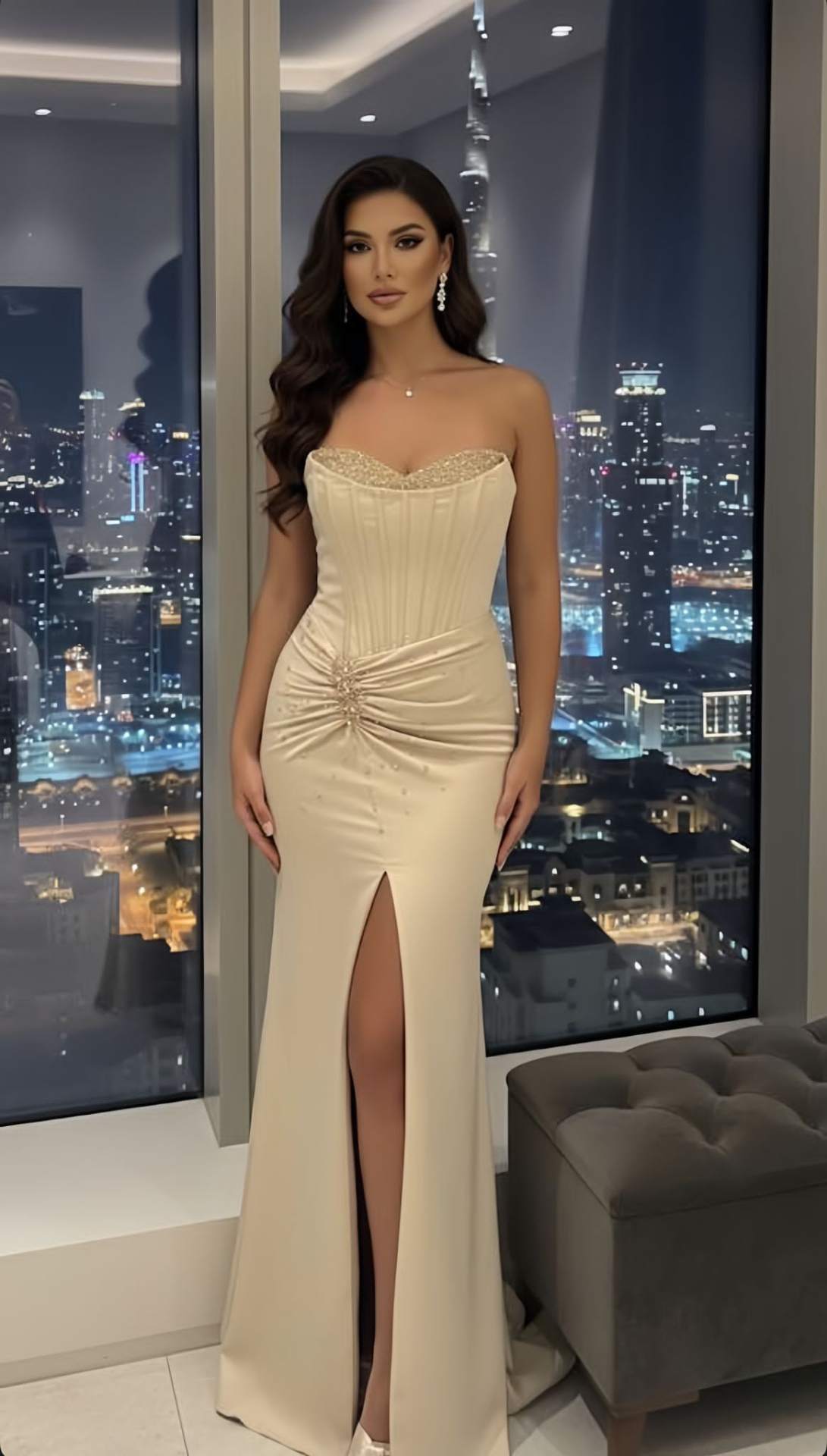 فستان كورسيه عاجي بشق وتفاصيل كريستال